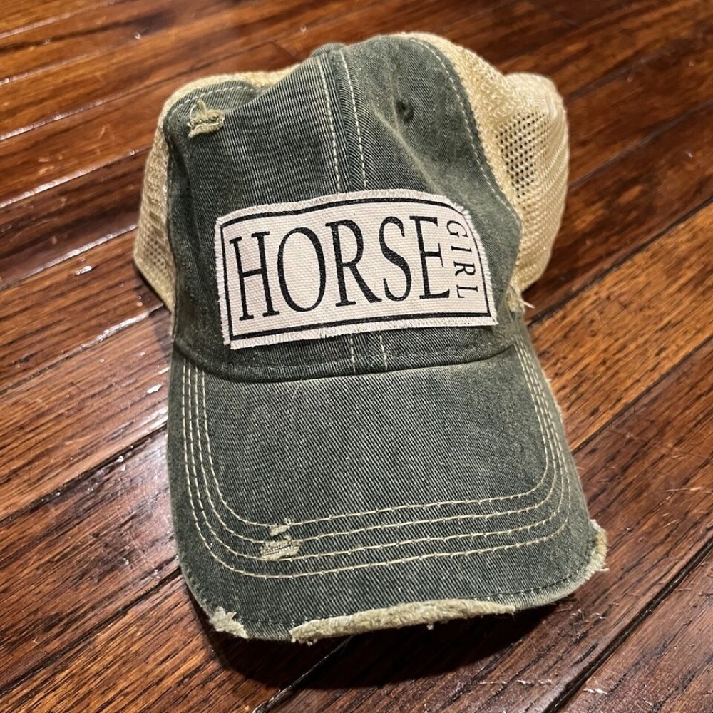 Horse Girl Distressed Trucker Hat, Snapback, Green Beige Adjustable Cap EUC